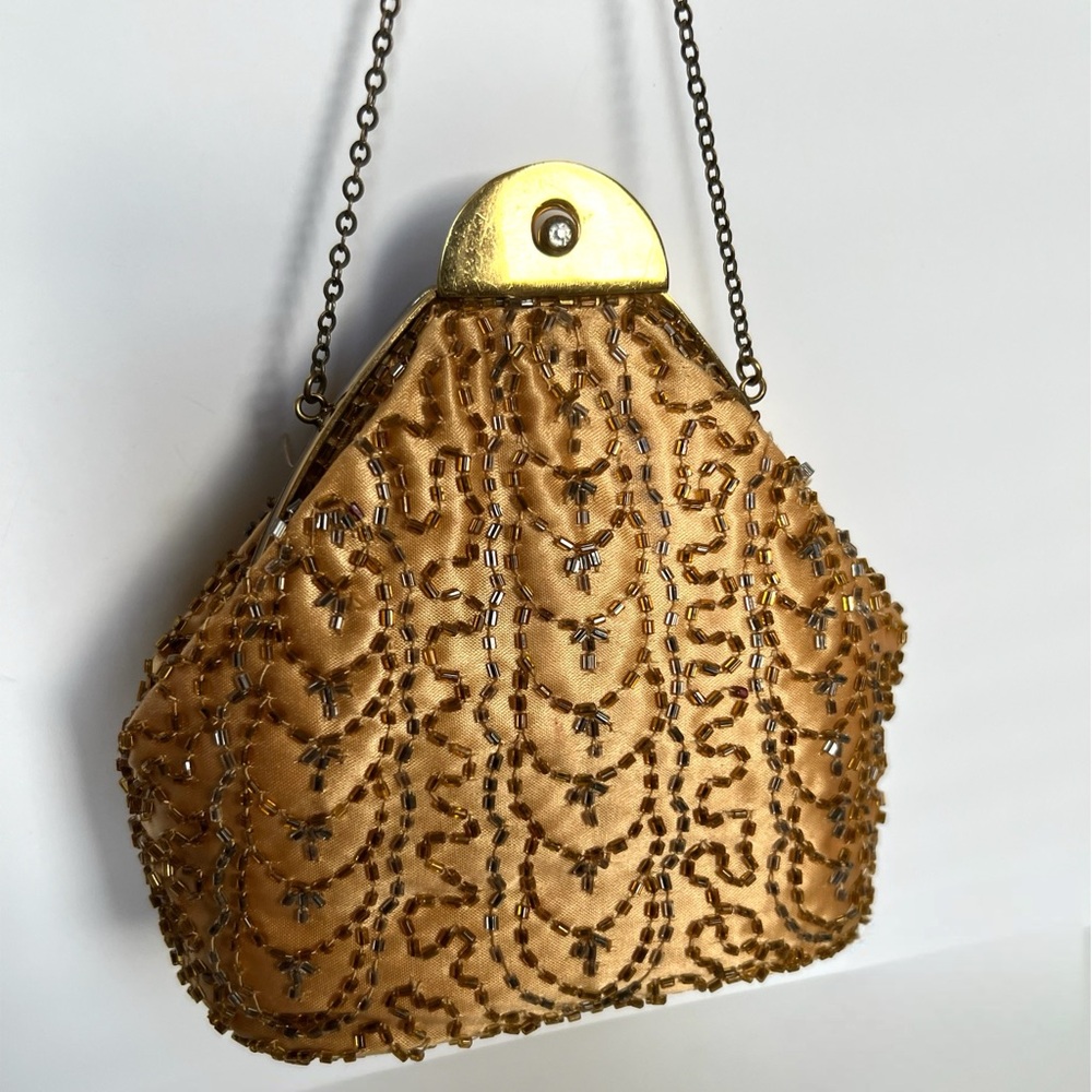 Vintage K&G Charlet Paris New York Gold Beaded Satin Handbag Purse Clutch Chain
